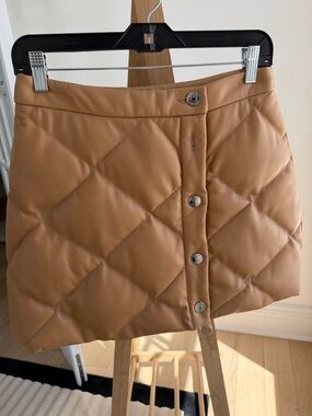 STAUD Camel Quilted Faux-Leather Mini Skirt with Front Buttons